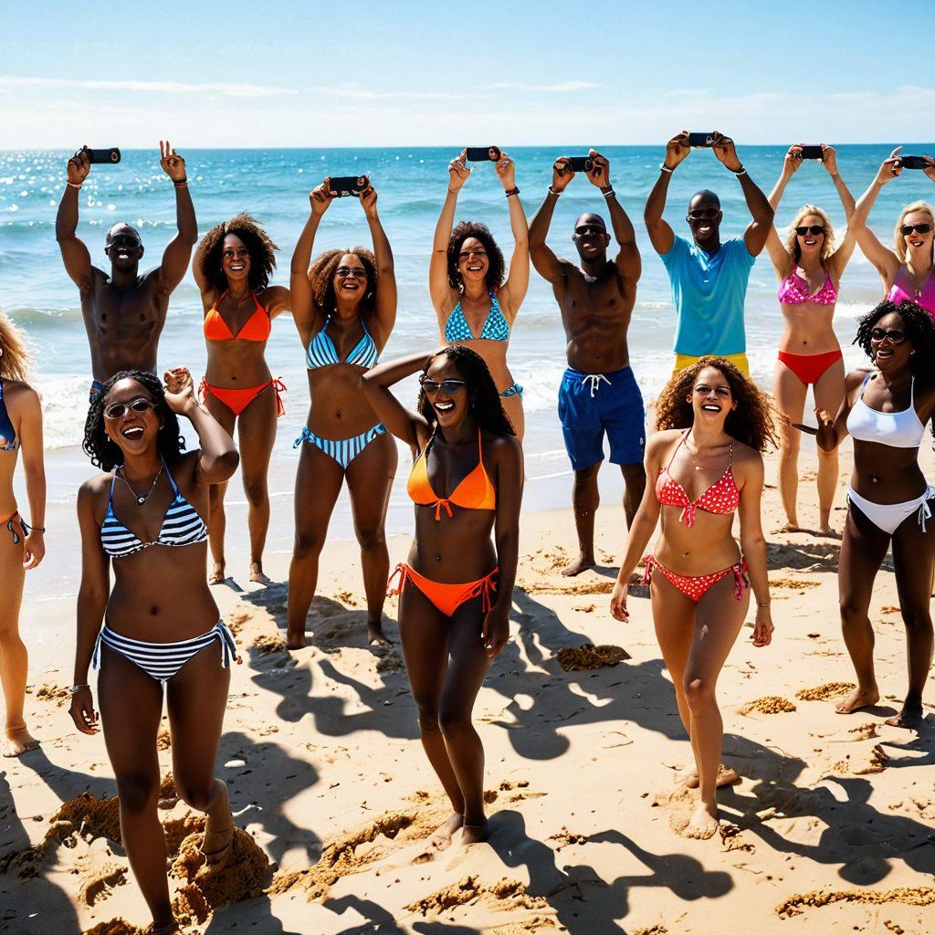 Capture an energetic beach scene featuring amateur photographers enthusiastically shooting photos of bikini models and interracial couples enjoying the sun. Include vibrant colors, playful waves, and a lively atmosphere, emphasizing the joy of photography and diversity. super-realistic. vibrant colors. sunny background.